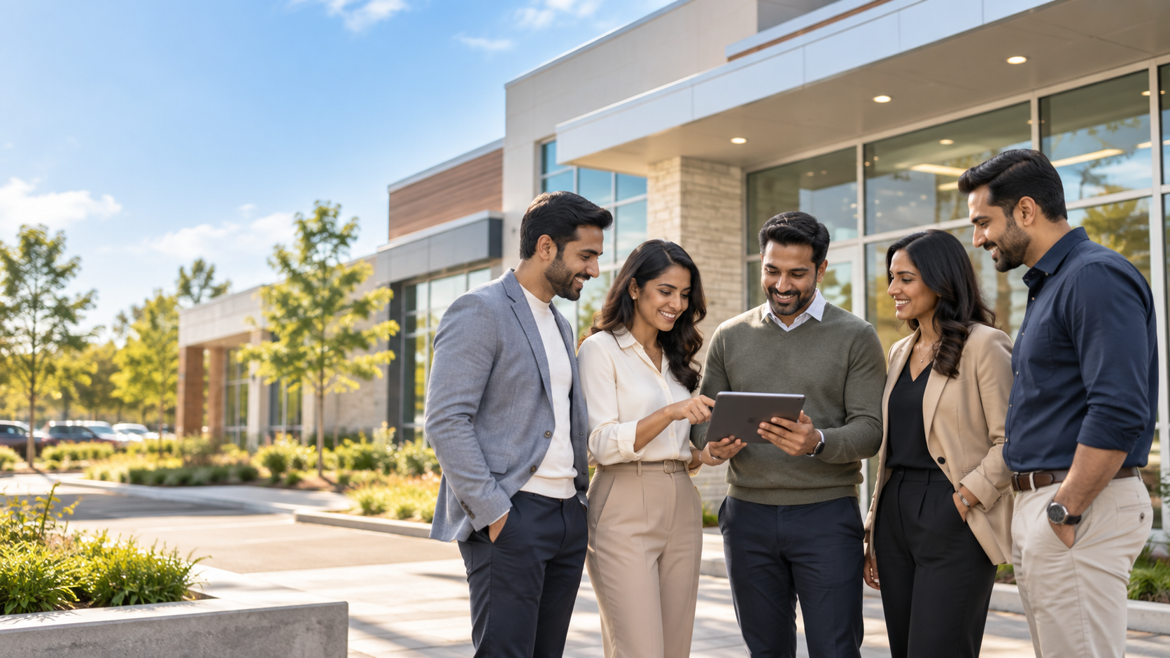 Five people reviewing a tablet outside a modern commercial building