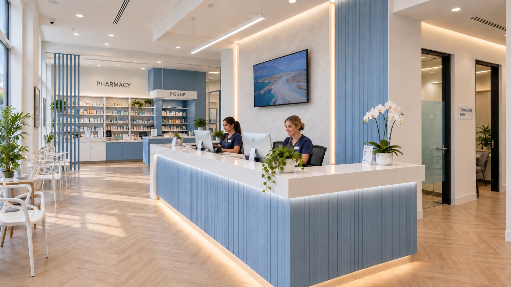 Clinic reception with blue and white cabinetry and an adjoining pharmacy