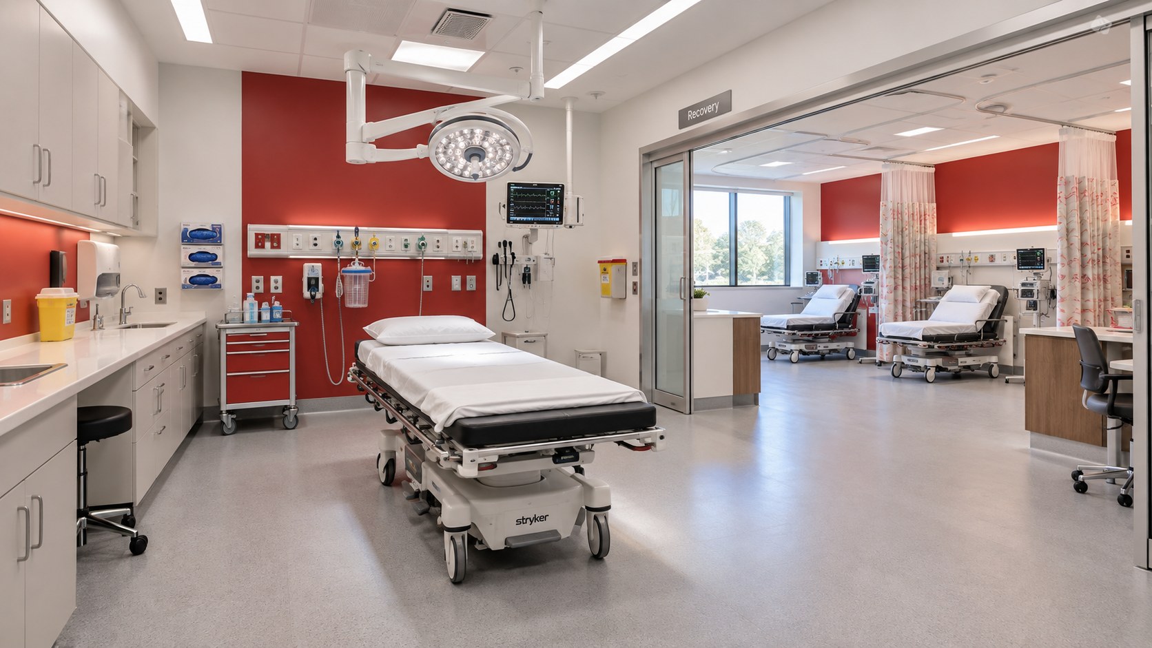 Procedure room with surgical light and view into recovery bay
