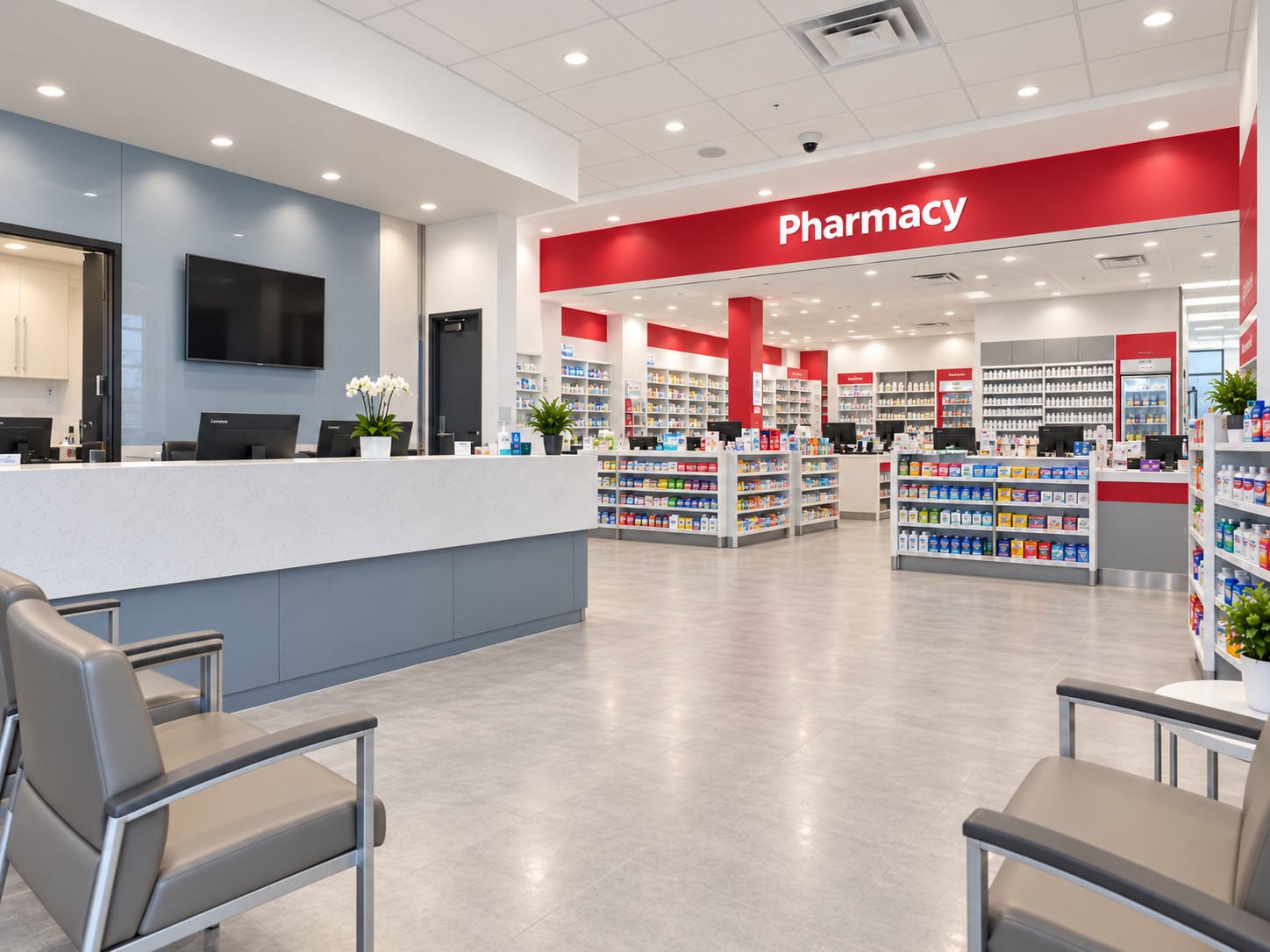 Clinic reception with adjoining pharmacy